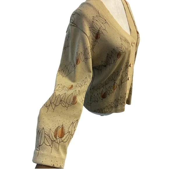 Vintage Sheng Yea V-Neck Button Front Cardigan Sweater Beige Floral Pit18 L23 - Picture 3 of 10